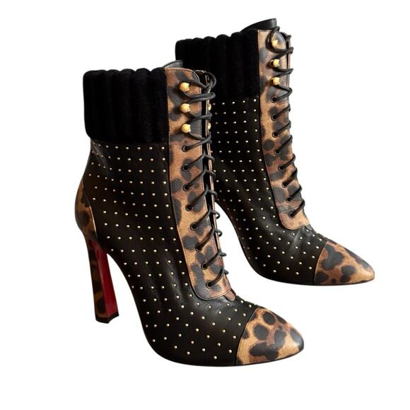Christian Louboutin Shoes - Christian Louboutin Dakita 100 Studded Spike Leopard  Leather Bootie EU 37  US 7